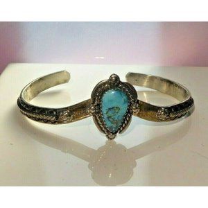 Native American Bracelet Sterling Silver Cuff Turquoise Stone Signed E